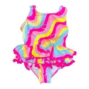 Betsey Johnson Toddler Girls Swimsuit Size 3T Colorful Hearts & Pom Poms